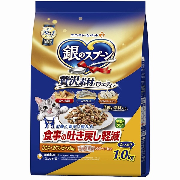 【10個書き割り】 ユニ・チャーム 銀の刀圭 贅沢さ原料品多種多様さ 召し上がるの吐き戻し和らげるボンネットささみ・まぐろ・かつお味 1.0kg