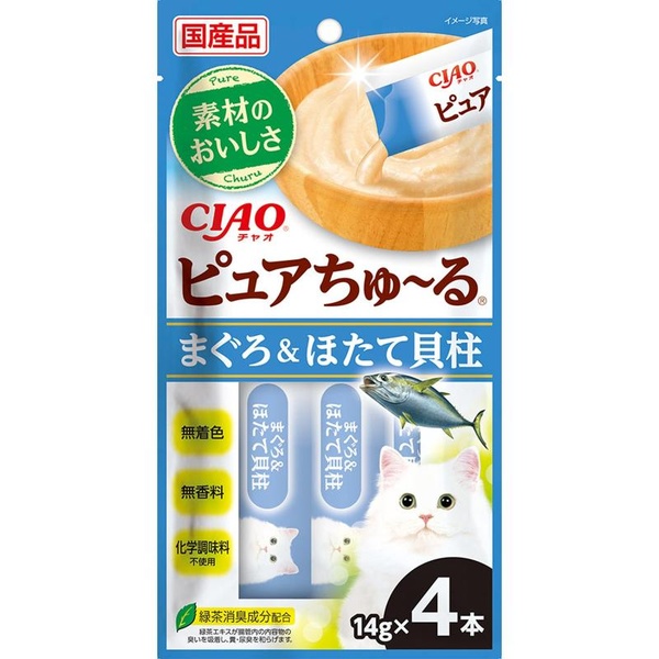 【48個セット】 いなばペットフード CIAO ピュアちゅ~る まぐろ&ほたて貝柱 14g×4本|ウルマックス 店