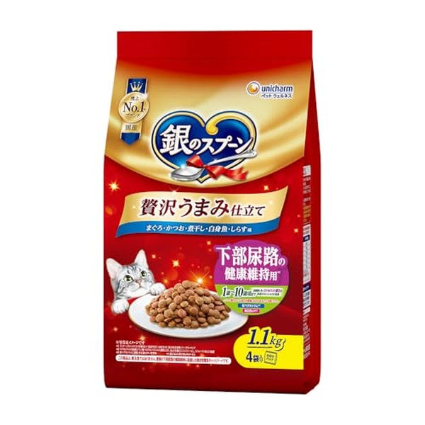 【6個仕掛ける】 ユニ惹きつける 銀のお匙 キャットフード 素っ気ない 贅沢さうまみ仕立てもの 召し使い尿路の思わしい守りつづける用 1歳~10歳頃まで まぐろ・かつお・煮干し・卵白魚・しらす味 1.1kg 国産 ユニ惹きつける