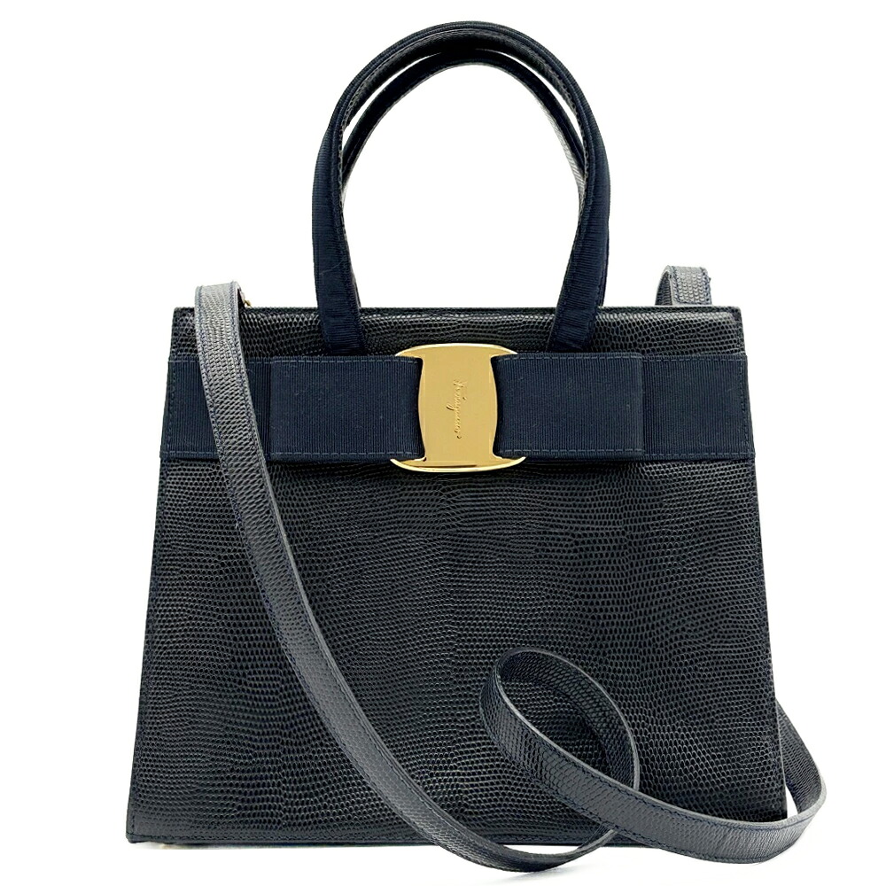サルヴァトーレ フェラガモ Ferragamo バッグ 中古 ヴァラ 2way レザー ブラック ネイビー ヴァラリボン BA214178｜UPRISE