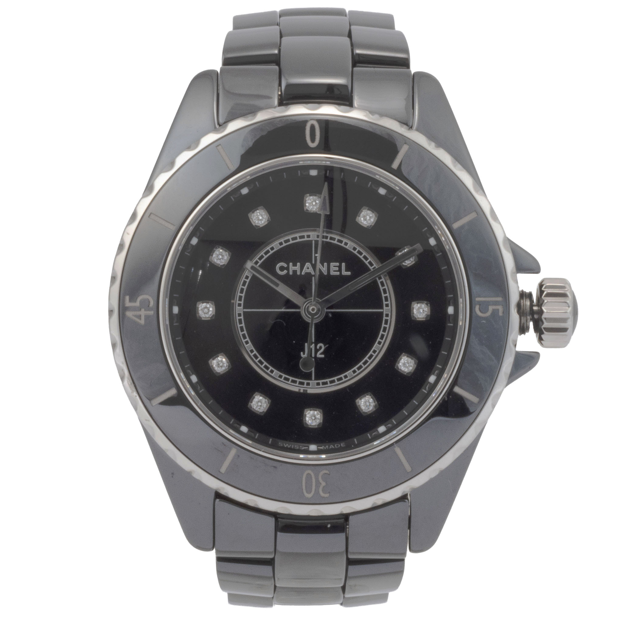 シャネル J12 12Pダイヤ 腕時計 クオーツ ブラック文字盤 CHANEL シャネル J12 黒セラミック 12P/センターダイヤ H2122 中古