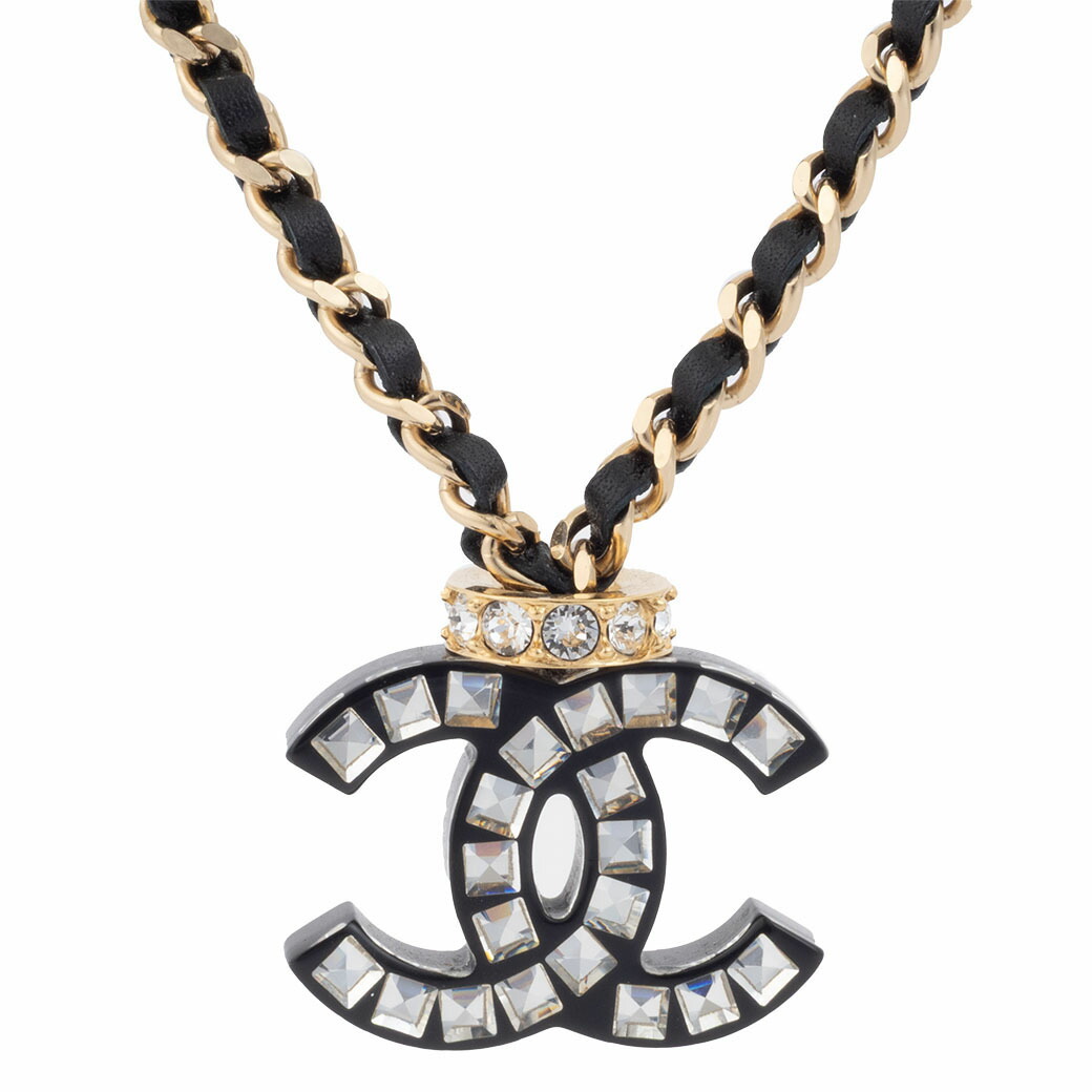シャネル CHANEL ネックレス ペンダント ココマーク ラインストーン レザー チョーカー メタル ブラック ゴールド