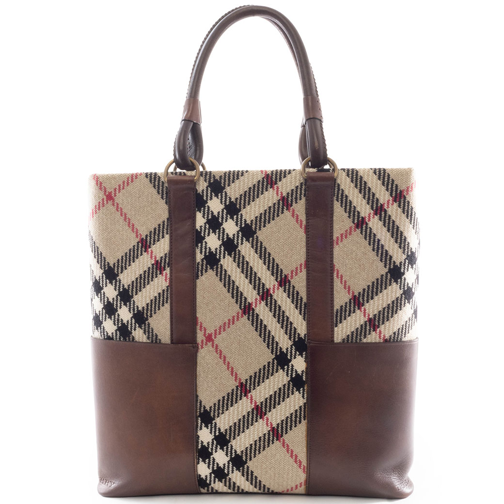 バーバリー BURBERRY バッグ チェック トートバッグ ウール レザー ベージュ ブラウン 大きめ