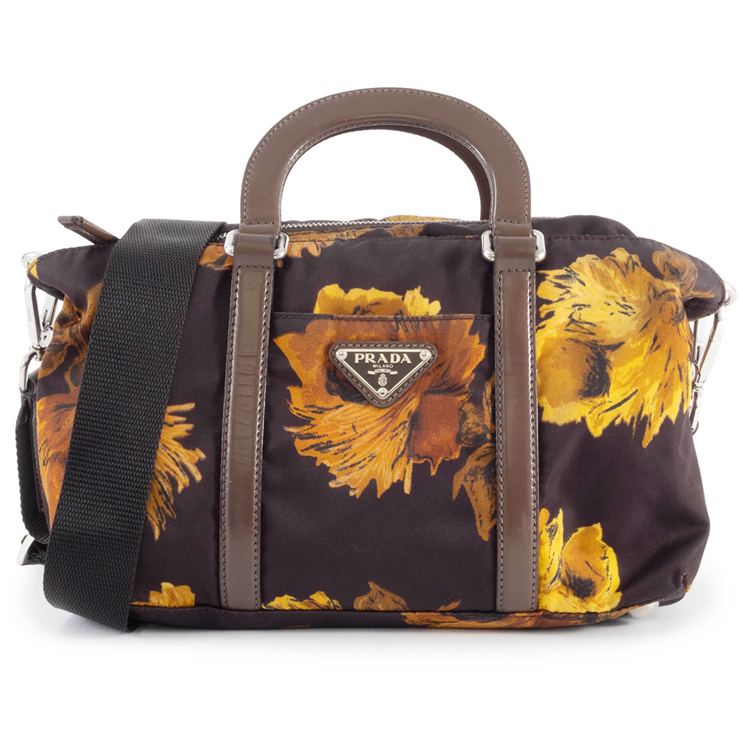 プラダ PRADA バッグ フラワー柄 ショルダーバッグ ナイロン ダークブラウン イエロー 花柄 小さめ