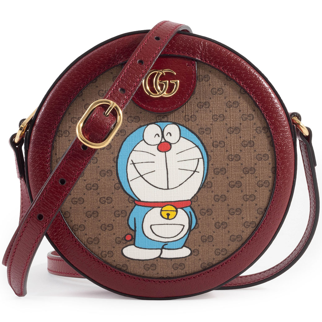グッチ GUCCI &times; ドラえもん ショルダーバッグ 625216 GGスプリーム レザー レッド ベージュ サークル ミニ 美品｜UPRISE