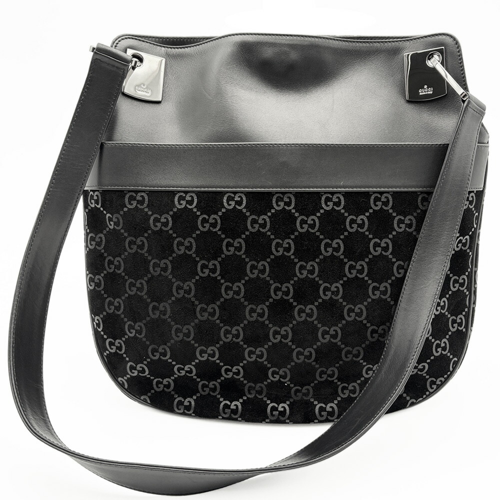 グッチ GUCCI 御徒面子 中古 ショルダーバッグ GG柄 001.3307 スエードクロス なめし革 黒いこと 黒