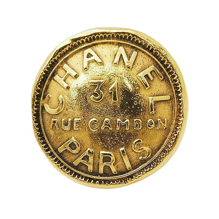 シャネル CHANEL ブローチ ヴィンテージ 中古 カンボン 31 RUE CAMBON ロゴ ゴールド ラウンド タイポグラフィー