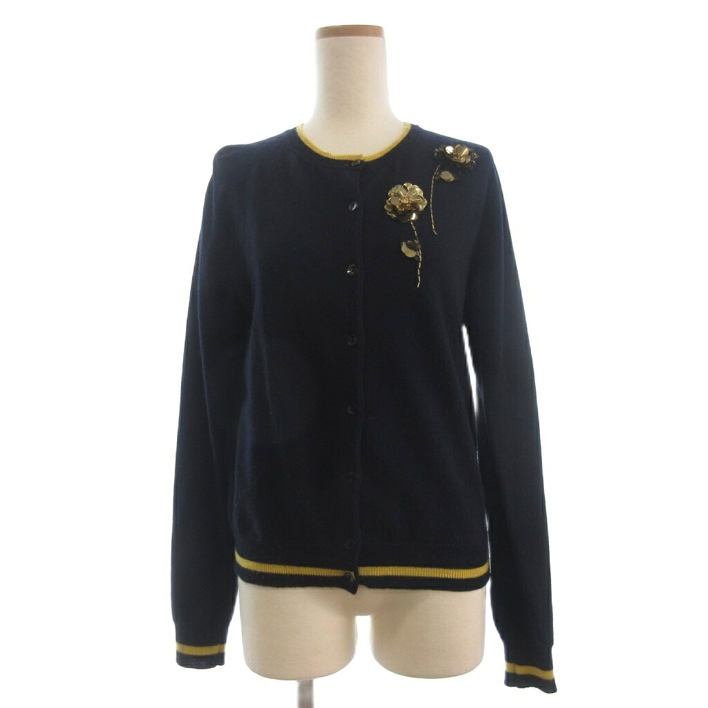 【中古】エルマノシェルビーノ ERMANNO SCERVINO カーディガン ニット クルーネック カシミヤ混 フラワーモチーフ 装飾 スパンコール 長袖 イタリア製 44 紺 ネイビー レディース 【ベクトル 古着】 260325