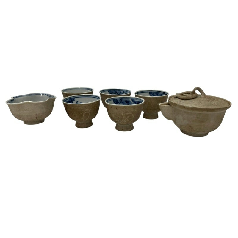 【中古】白 染付 煎茶道具 備前焼 宝瓶 急須 香山 入江 紫砂 明治蔵出 京焼 同源分流 5客 その他 【ベクトル 古着】 260106