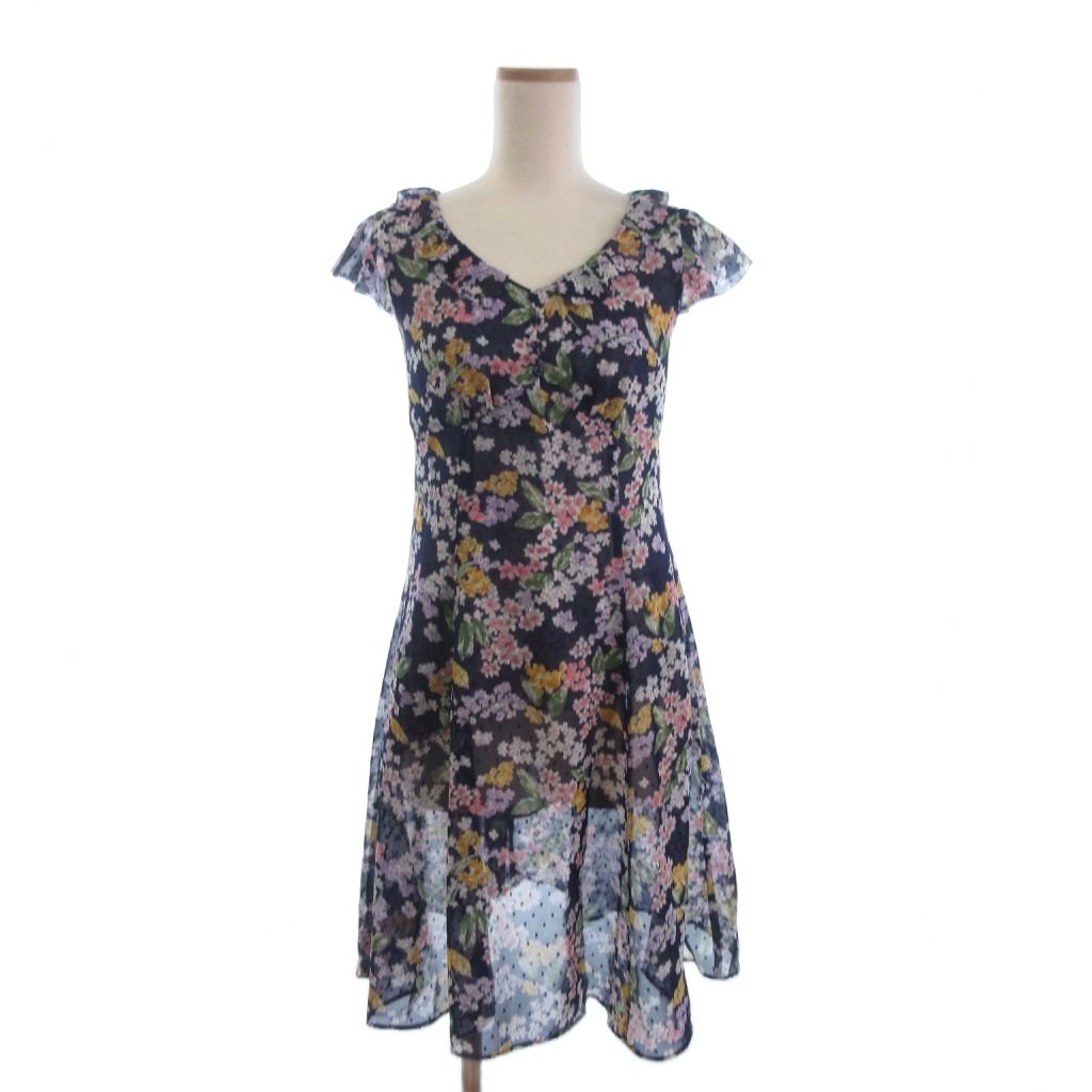 【中古】トッカ TOCCA 美品 ワンピース フレンチスリーブ ひざ丈 フリル フラワー 花柄 紺 ネイビー 0 ■TC レディース 【ベクトル 古着】 260123
