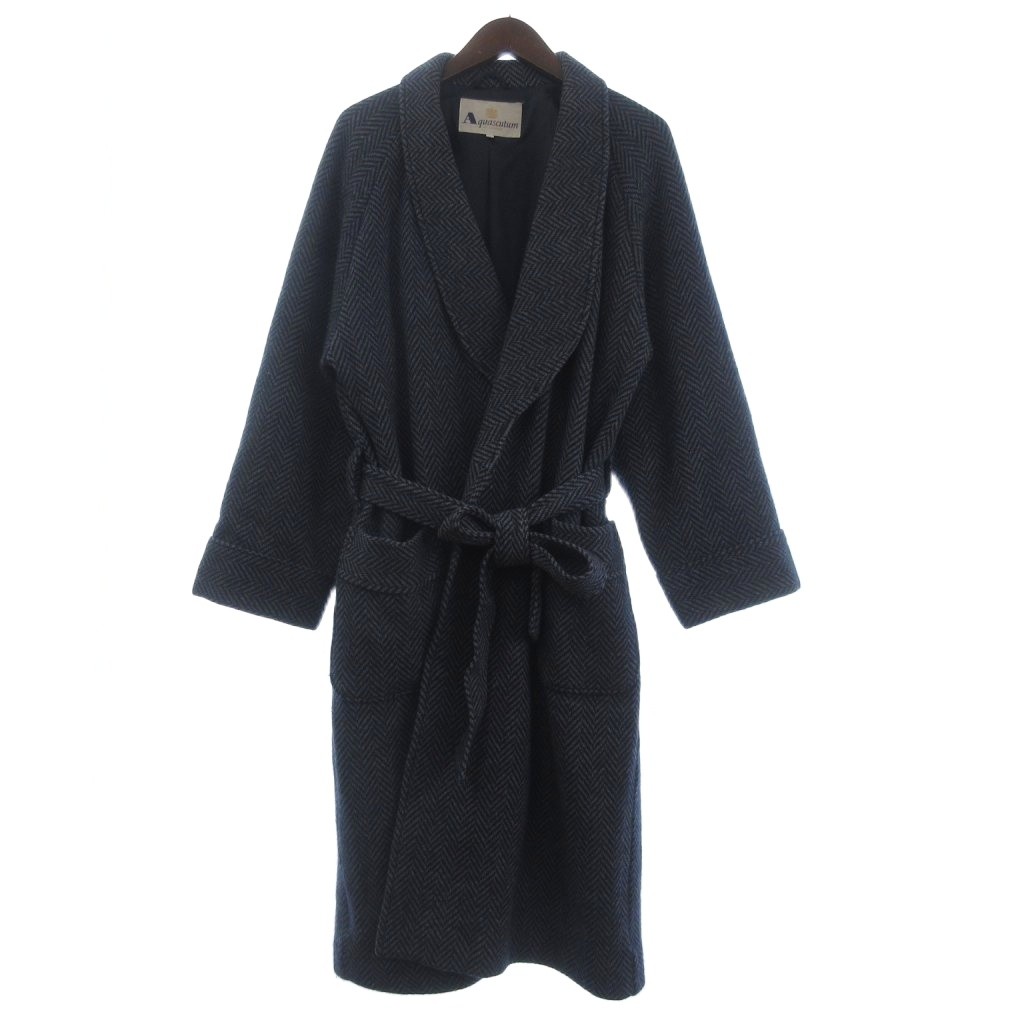【中古】アクアスキュータム AQUASCUTUM 厚地の外套 化粧着 杉綾模様柄 ロング 肩かけ色つや カシミール混 M 紺 米国海軍 メンズ 【ベクター 古着】 260126