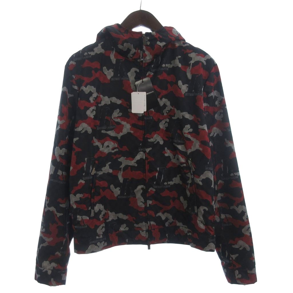 【中古】未使用品 エンポリオアルマーニ EMPORIO ARMANI タグ付 パーカー ジャケット フルジップ ロゴ 総柄 黒 赤 ブラック レッド 46 メンズ 【ベクトル 古着】 260314｜ブランド古着の買取販売ベクトル