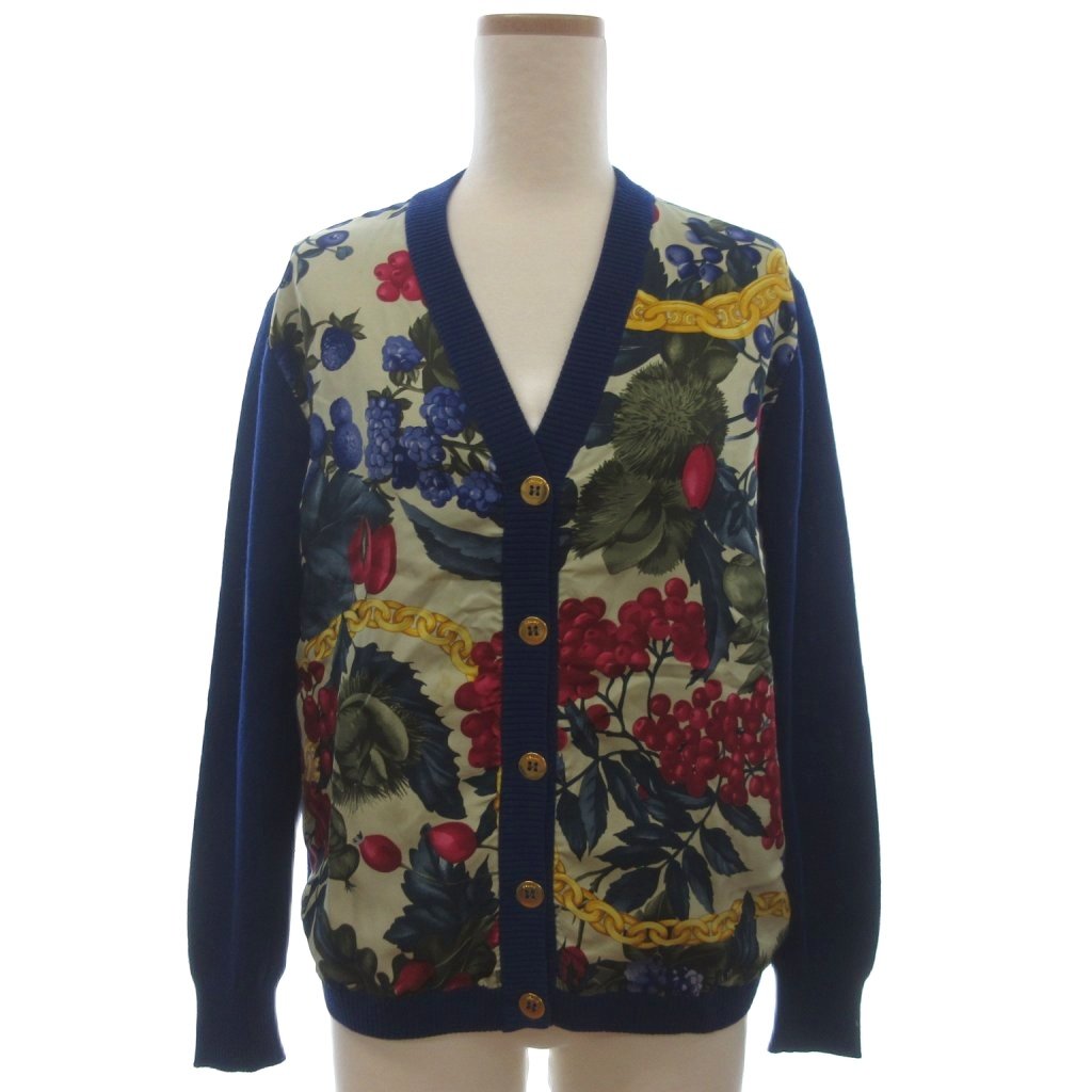 【中古】セリーヌ CELINE 絹地 ジレー 編み物 長袖 V首っ玉 刷り上げる 金名取り草 総柄 青 青色 38 ☆AA★ レディース 【ベクター 古着】 260513