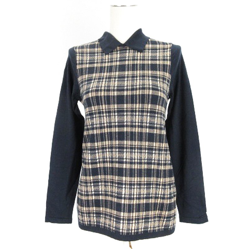 良品 NEWYORKER ニューヨーカー モックネック ニット セーター ハイネック 総柄 L ネイビー レディース 古着 中古 NEWYORKER - 良品 NEWYORKER ニューヨーカー モックネック