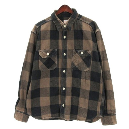 桃太郎ジーンズ MOMOTARO JEANS チェック ワーク シャツ 長袖 比翼 コットンネル生地 42 オレンジ グレー ※TK190301 メンズ 桃太郎ジーンズ ネルシャツ チェック柄 日本製 極美品 MOMOTARO JEANS