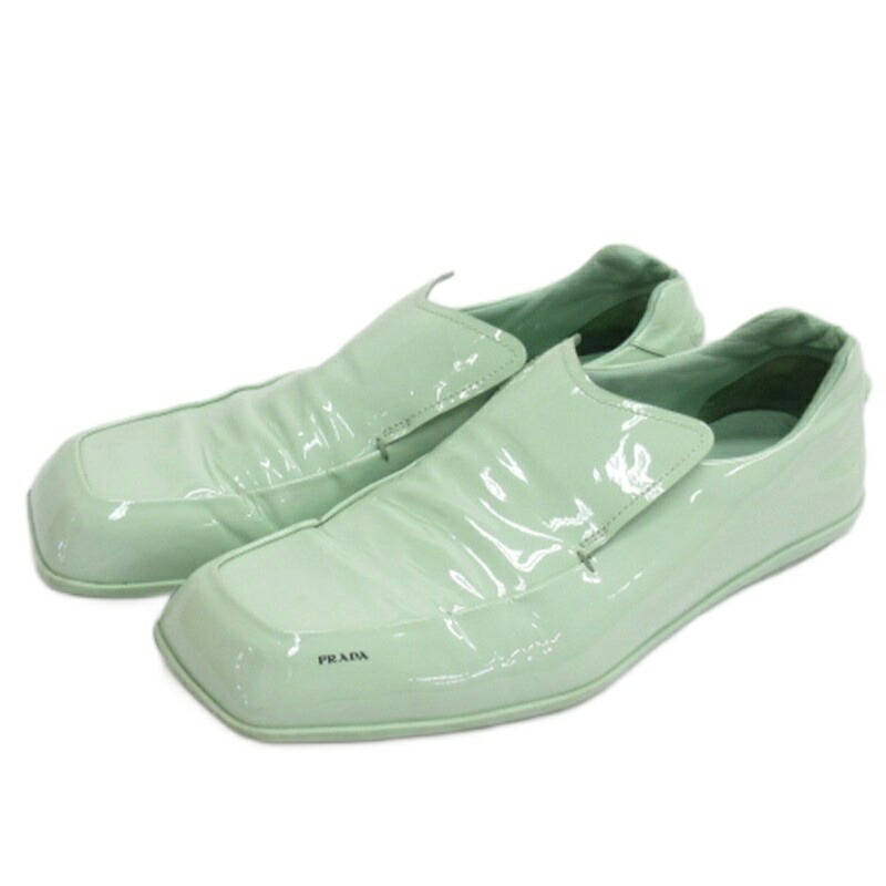 【中古】プラダ PRADA ロゴタイプ エナメル 置き目毛皮 スクエアトゥ ライトグリーン 6.5 25.5糎 ■GY62 メンズ 【ベクター 古着】 260407