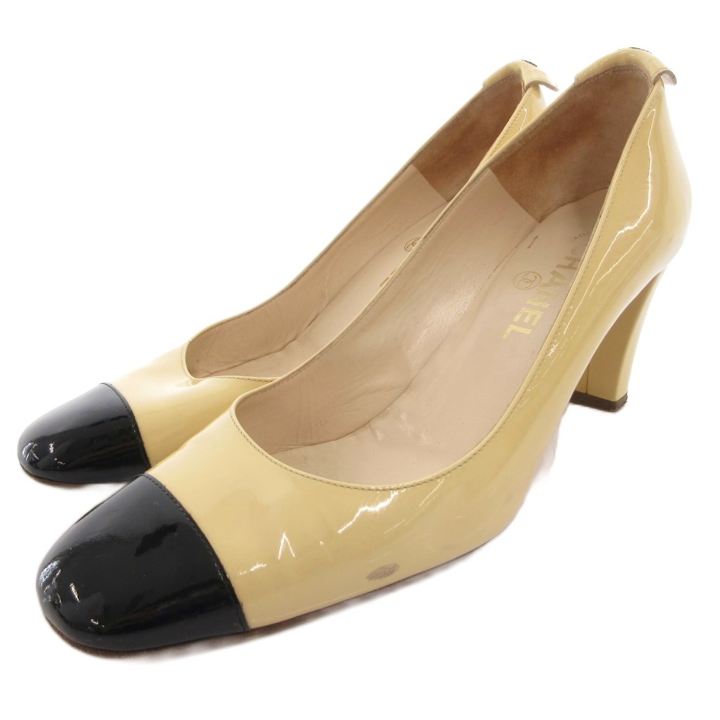 【中古】シャネル CHANEL エナメル パンプス バイ色つや チャンキーヒール ココマーク 37.5 ベージュ 黒 黒いこと /FF ■GY62 レディース 【ベクター 古着】 260417
