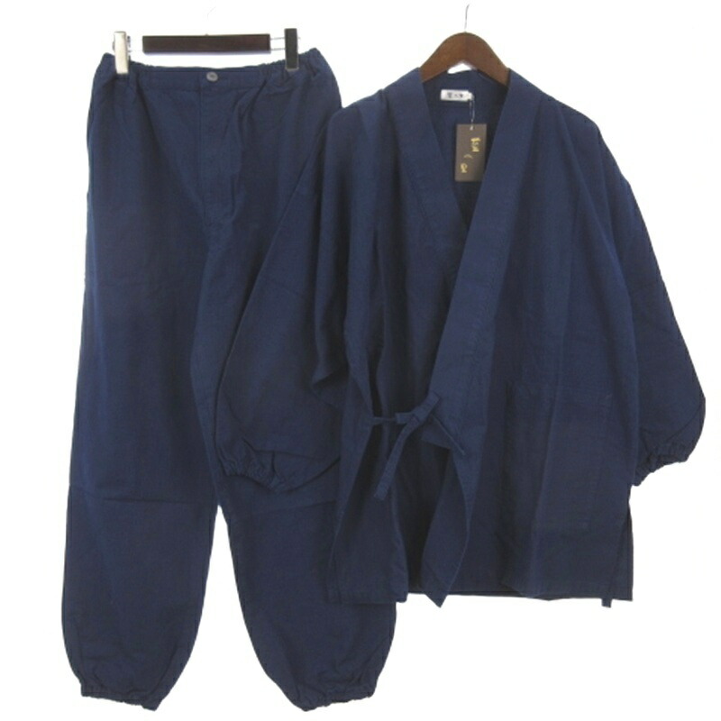 【中古】未当て嵌める品 藍の里 セットアップ 作務衣 トップス ズボン下 インディゴ L メンズ 【ベクター 古着】 260516