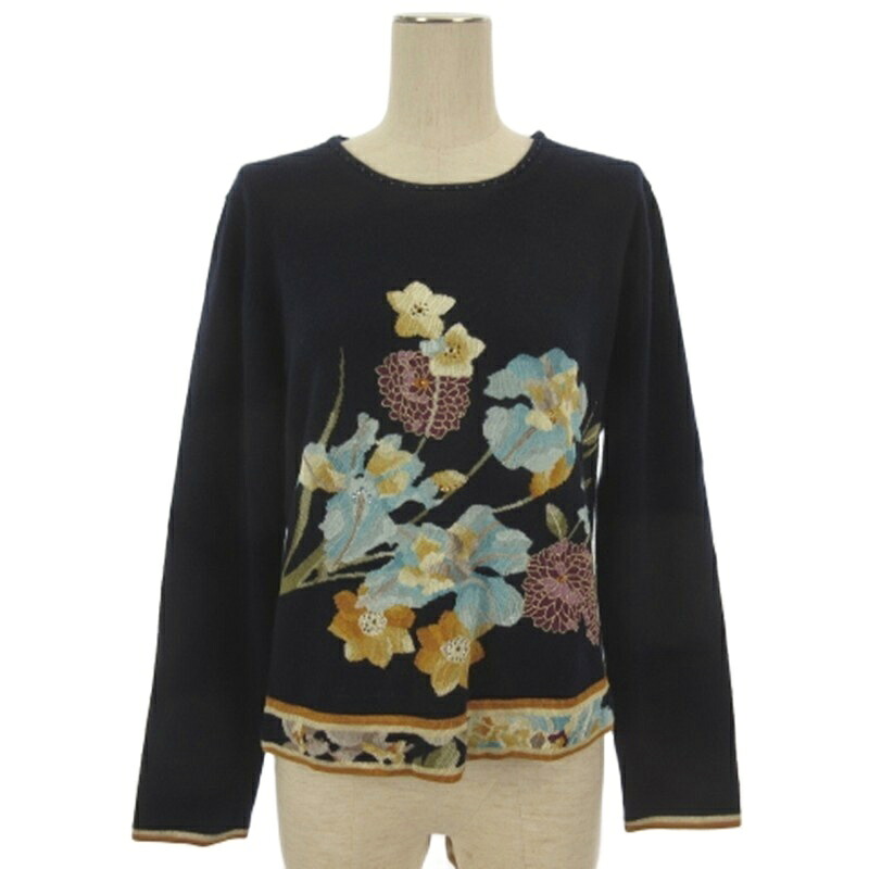 【中古】レオナール LEONARD FASHION ニット セーター 長袖 カシミヤ 花柄 ラインストーン ネイビー LL レディース 【ベクトル 古着】 260620|ブランド古着の買取販売ベクトル