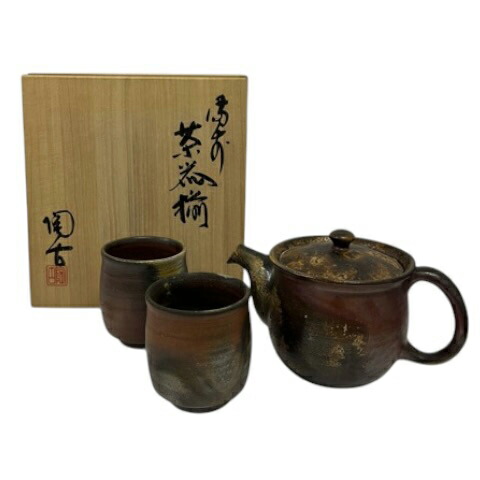 【中古】未当てはめる品 備前焼 小西陶古 茶器揃 湯呑み書き割り総柄 マルチ色合い 余分の物 【ベクター 古着】 260509