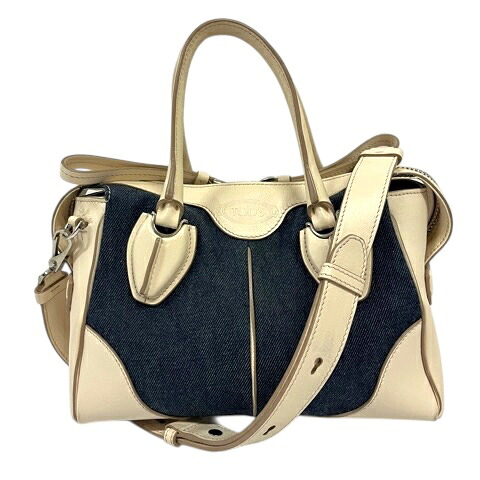【中古】トッズ TOD'S ハンドバッグ ショルダーバッグ 2WAY デニム ロゴ 白 アイボリー インディゴブルー レディース 【ベクトル 古着】 251211｜ブランド古着の買取販売ベクトル