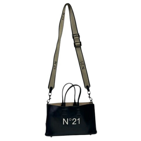 【中古】ヌメロヴェントゥーノ N&deg;21 &times; AYAKO ハンドバッグ ショルダーバッグ 肩掛け 2WAY ロゴ プリント スクエア 長方形 ストラップ付き オープントップ 黒 ブラック ベージュ レディース 【ベクトル 古着】 260130｜ブランド古着の買取販売ベクトル