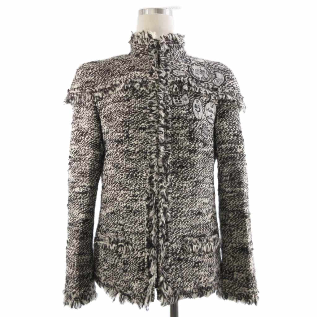 【中古】シャネル CHANEL 2004 Fall Winter Collection by Karl Lagerfeld メイク引きあげる 上衣 ジップアップ ツィード 紋章 フリンジ 黒 黒いこと 白 白いこと 40 L好いかげんに レディース 【ベクター 古着】 250920