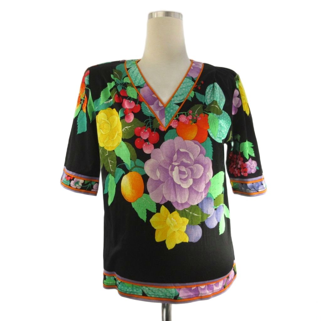 【中古】レオナール LEONARD 流行り物 FASHION カットソー 5分袖 V素っ首 花柄 黒 黒いこと M ■ECT レディース 【ベクター 古着】 251228
