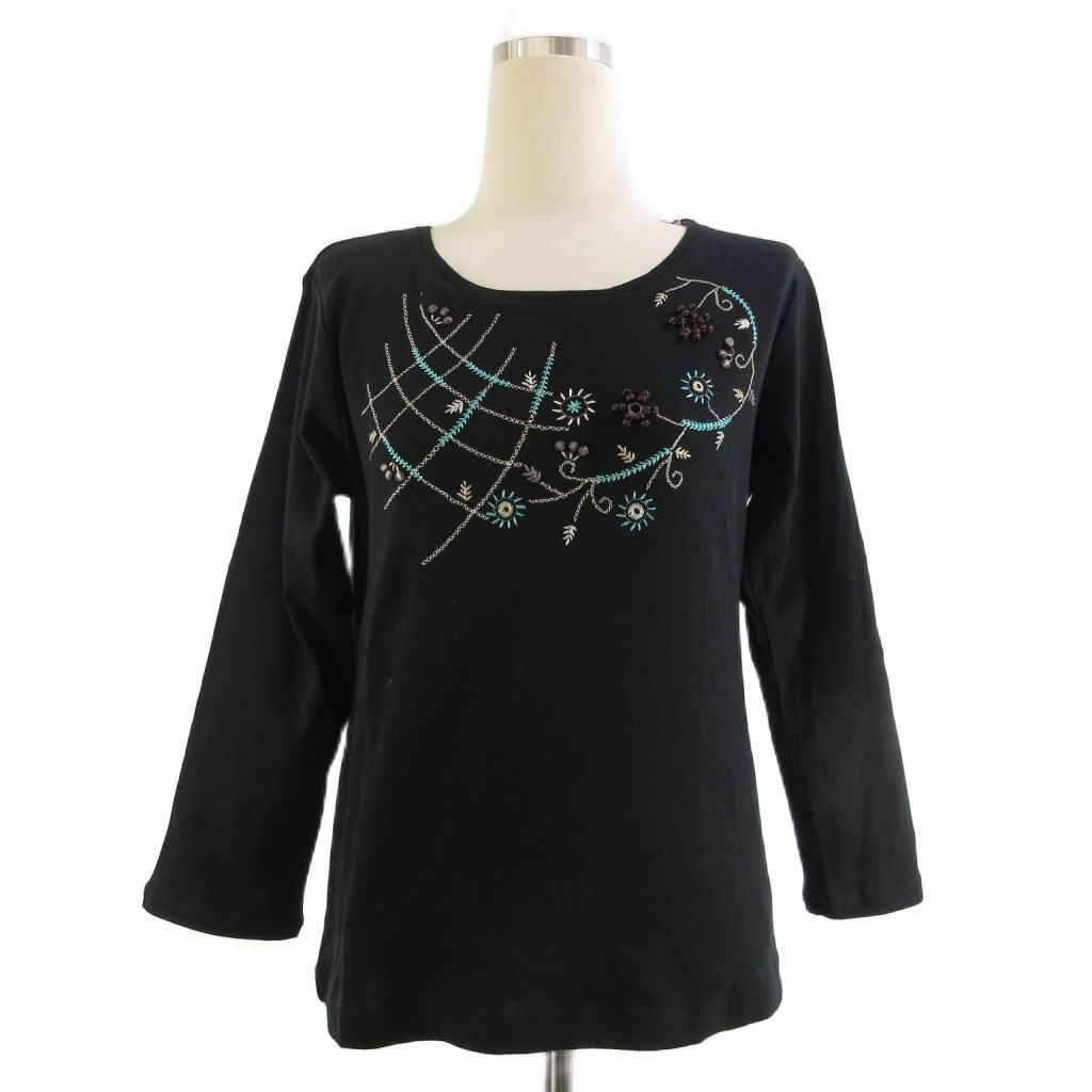 【中古】未使用品 イッセイミヤケ ISSEY MIYAKE HaaT タグ付き カットソー 長袖 クルーネック 刺繍 花柄 ビーズ コットン 黒 ブラック 3 ■ECT レディース 【ベクトル 古着】 260110