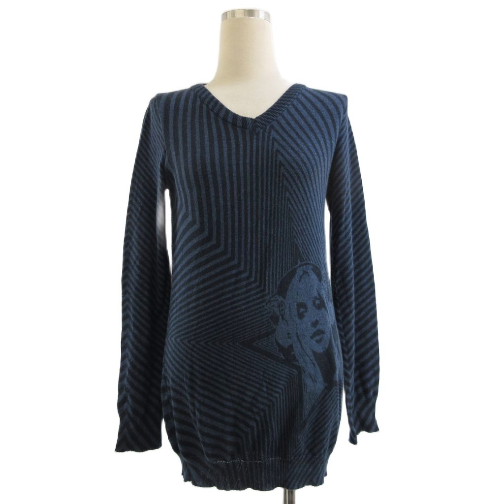 【中古】ヒステリックグラマー HYSTERIC GLAMOUR ニット カットソー セーター 長袖 Vネック 薄手 総柄 紺 ネイビー 黒 ブラック F ■TC レディース 【ベクトル 古着】 260203
