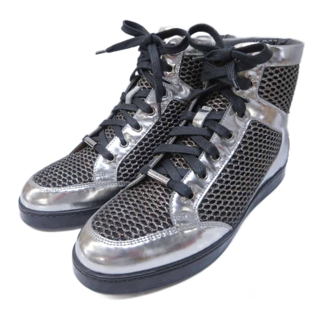 【中古】ジミーチュウ JIMMY CHOO スニーカー ハイカット レザー 切替 メッシュ ラメ グリッター 36 1/2 約23.5cm シルバーカラー IBO87 0111 レディース 【ベクトル 古着】 260111