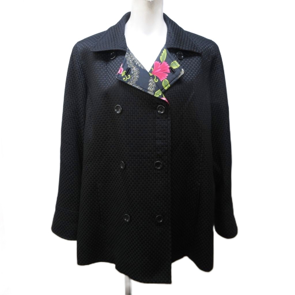 【中古】レオナール LEONARD FASHION コート ジャケット シルク ウール混 切替 花柄 総柄 ダブル 13AR 約XL 黒 ブラック 0321752 IBO89 0228 レディース 【ベクトル 古着】 260228