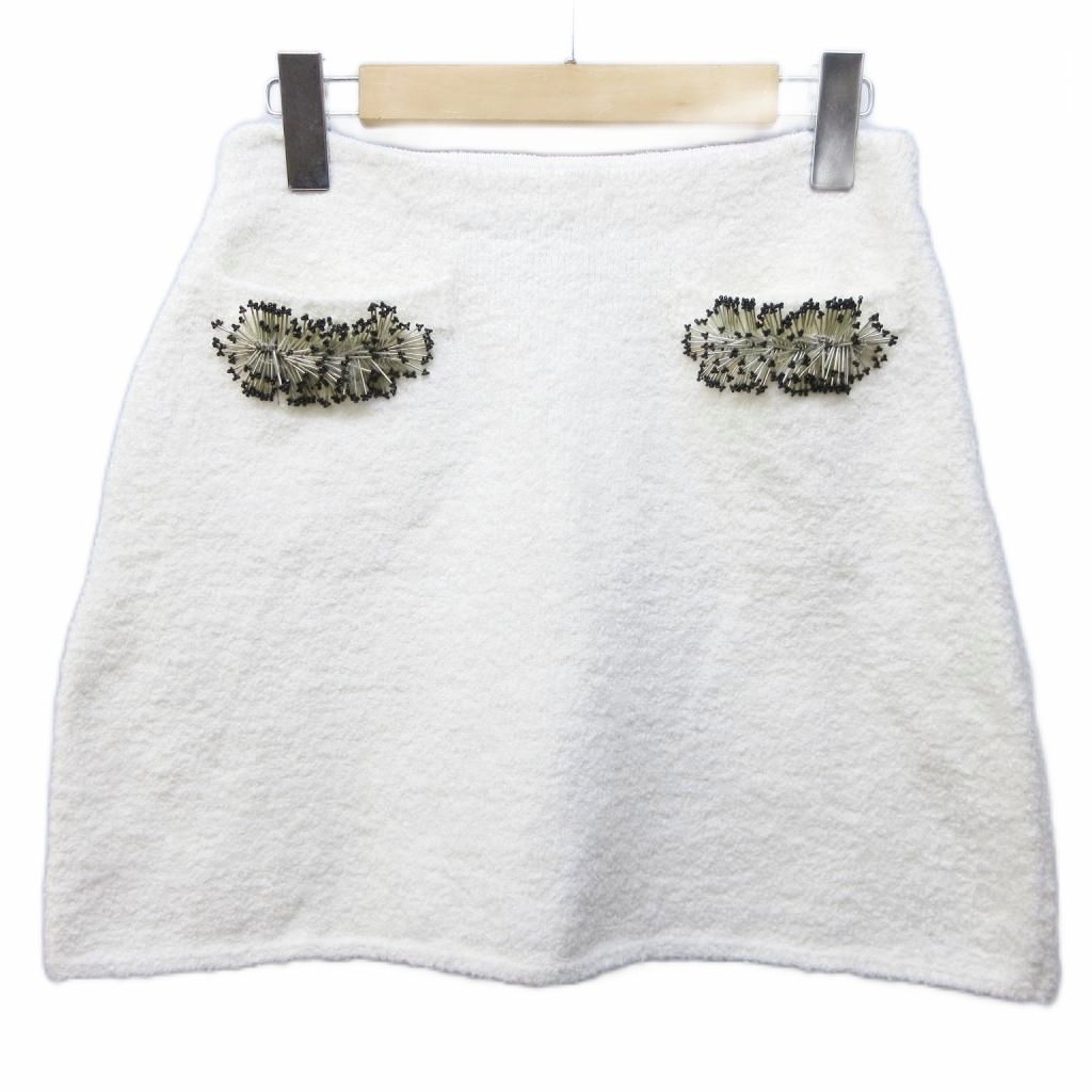 【中古】未使用品 ランバン LANVIN タグ付 ニットスカート ビジュー 装飾 リネン ウール混 フレア S 白 ホワイト IBO89 0226 レディース 【ベクトル 古着】 260226