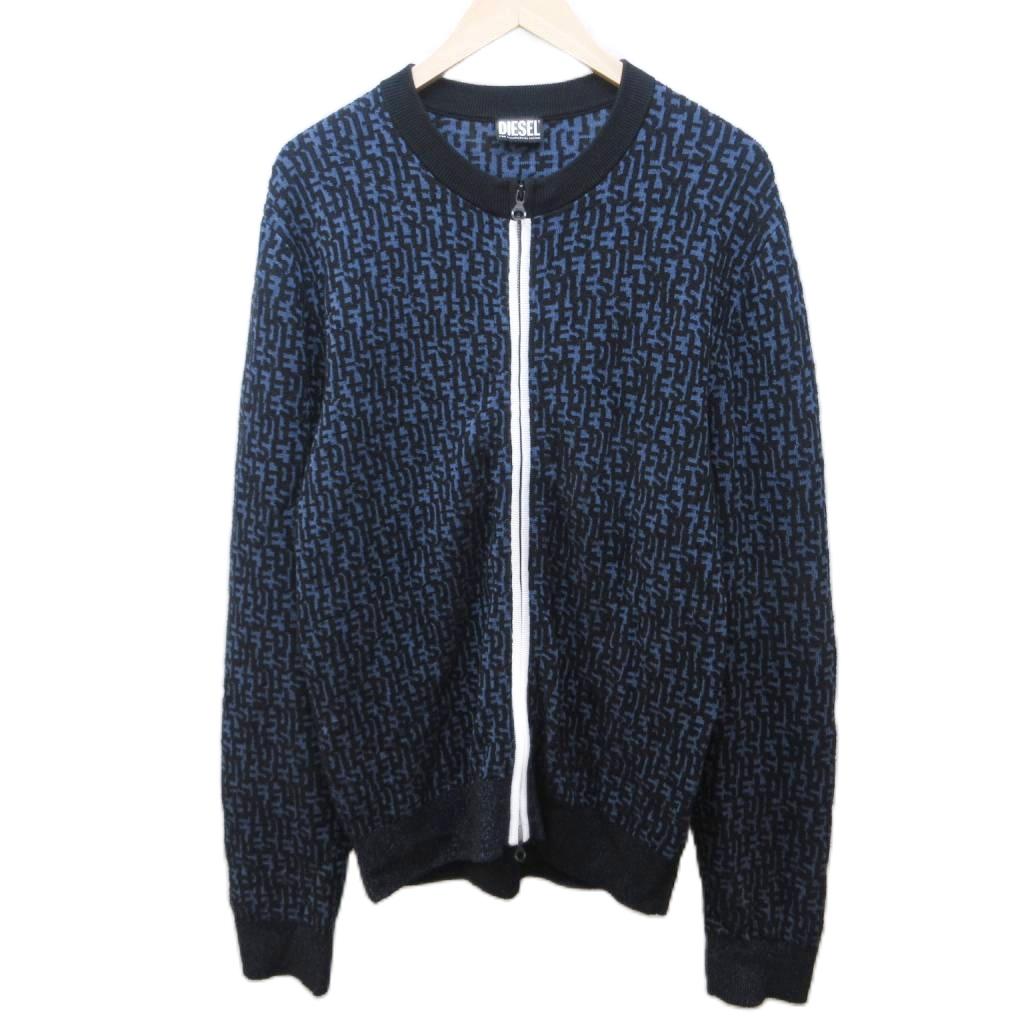 【中古】ディーゼル DIESEL 美品 K-OBE-ZIP 編み物上衣 ジレー 総ロゴタイプ柄 L 青黒 青み 黒いこと 0404 メンズ 【ベクター 古着】 260404
