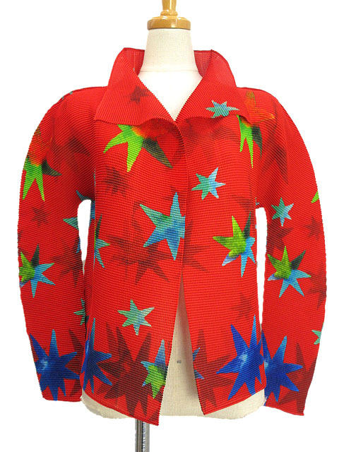 【中古】ミーイッセイミヤケ me ISSEY MIYAKE ストレッチプリーツ カーディガン 赤 マルチカラー トップス 長袖 レディース 【ベクトル 古着】 250903