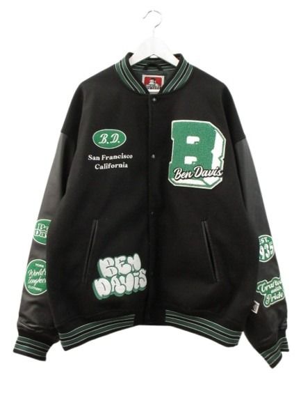 【中古】ベンデイビス BEN DAVIS ワッペン スタジャン スタジアムジャンパー XL ブラック 黒 グリーン 緑 レザー袖 革袖 牛革 アウター メンズ 【ベクトル 古着】 260119