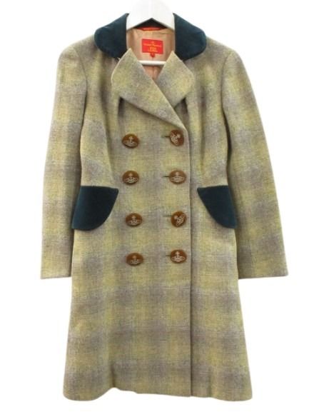 【中古】ヴィヴィアンウエストウッド Vivienne Westwood RED LABEL ハリスツィード 厚地の外套 1 照合のしるし 天鵞絨うつり変わり 羊毛 薄墨色系 黄色系 アウター 厚地の外套 レディース 【ベクター 古着】 260220