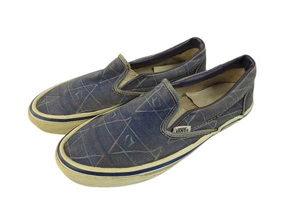 【中古】バンズ VANS 80s 90s スリッポン 革張り USA製 スニーカー キャンバス ヴィンテージ シューズ 総柄 ネイビー メンズ 【ベクトル 古着】 260321