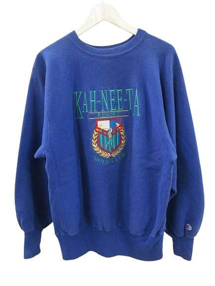 【中古】はやりっ子 CHAMPION 90s 刺しゅう引き船 リバースウィーブ 流汗 USA製 L 青み 調教師 ヴィンテージ メンズ 【ベクター 古着】 260529