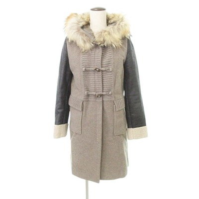 【中古】エルマノシェルビーノ ERMANNO SCERVINO 美品 カシミヤ混 レザー袖 ダッフルコート アウター ファーフード 14 茶 ブラウン 黒 ブラック IBO51 レディース 【ベクトル 古着】 250708