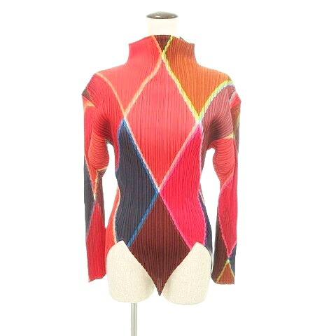 【中古】プリーツプリーズ PLEATS PLEASE 美品 ひし形 カラフル スリット カットソー 長袖 スタンドネック 日本製 3 約Lサイズ 赤 レッド系 マルチカラー レディース 【ベクトル 古着】 251110