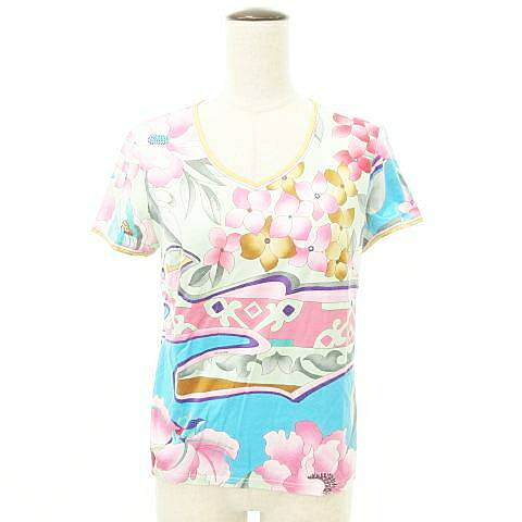【中古】レオナール LEONARD 美品 花柄 Vネック コットン Tシャツ 日本製 Mサイズ マルチカラー ■GY47 レディース 【ベクトル 古着】 260304