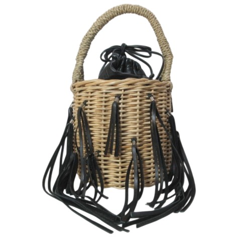 【中古】ラドロー LUDLOW フリンジ ラタンバスケット かごバッグ レザー巾着付き 鞄 サークル ベージュ系 ブラック /X レディース 【ベクトル 古着】 260317