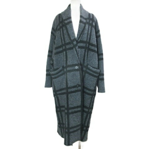 【中古】ザラ ZARA チェックニットジャガードコート ロング ショールカラー ウール混 ドロップショルダー M 170/88A グレー ブラック /X レディース 【ベクトル 古着】 260323