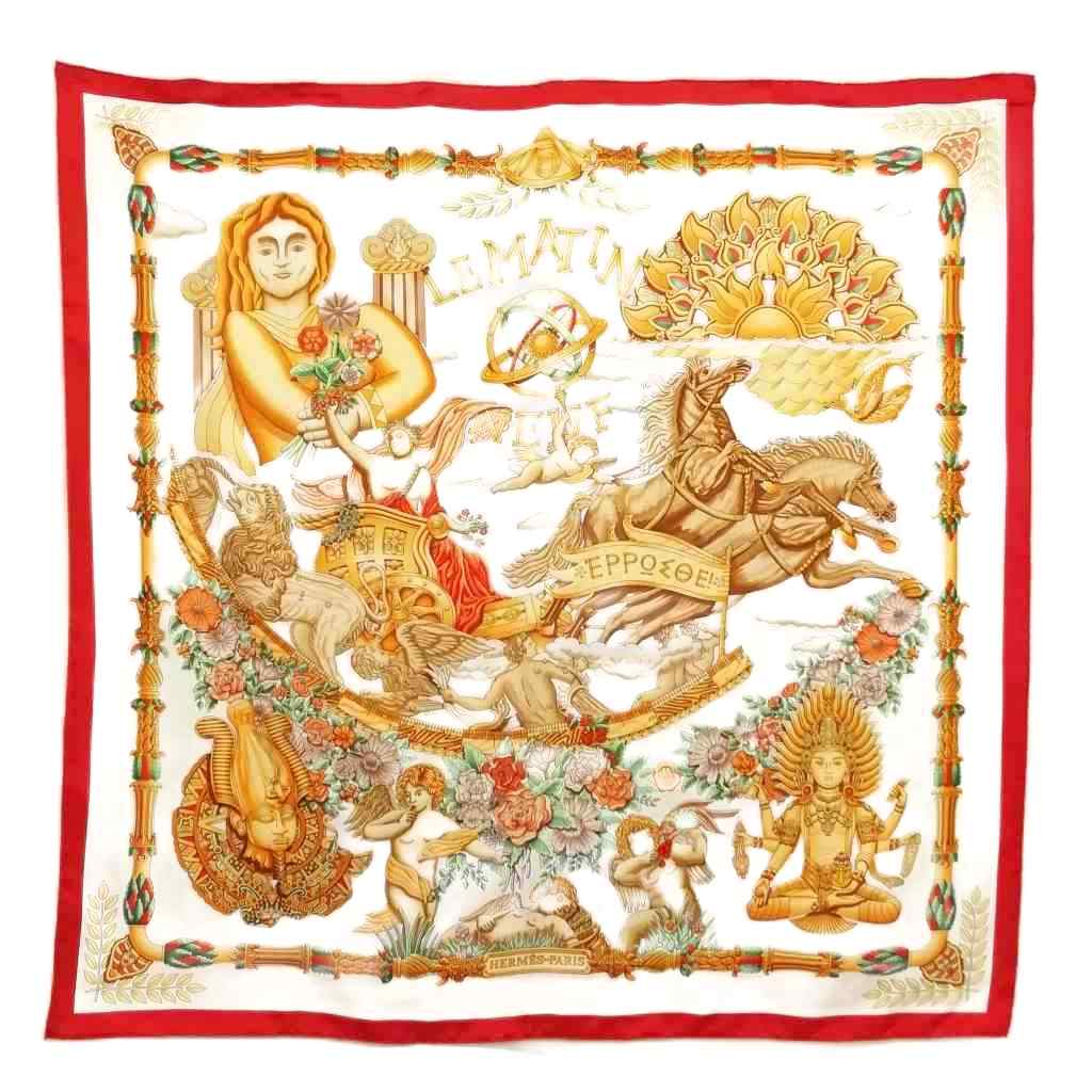 【中古】エルメス HERMES Lematin Neuf 耳あたらしい朝 カレ90 大判 えり巻き 白いこと 赤いこと レディース 【ベクター 古着】 260401