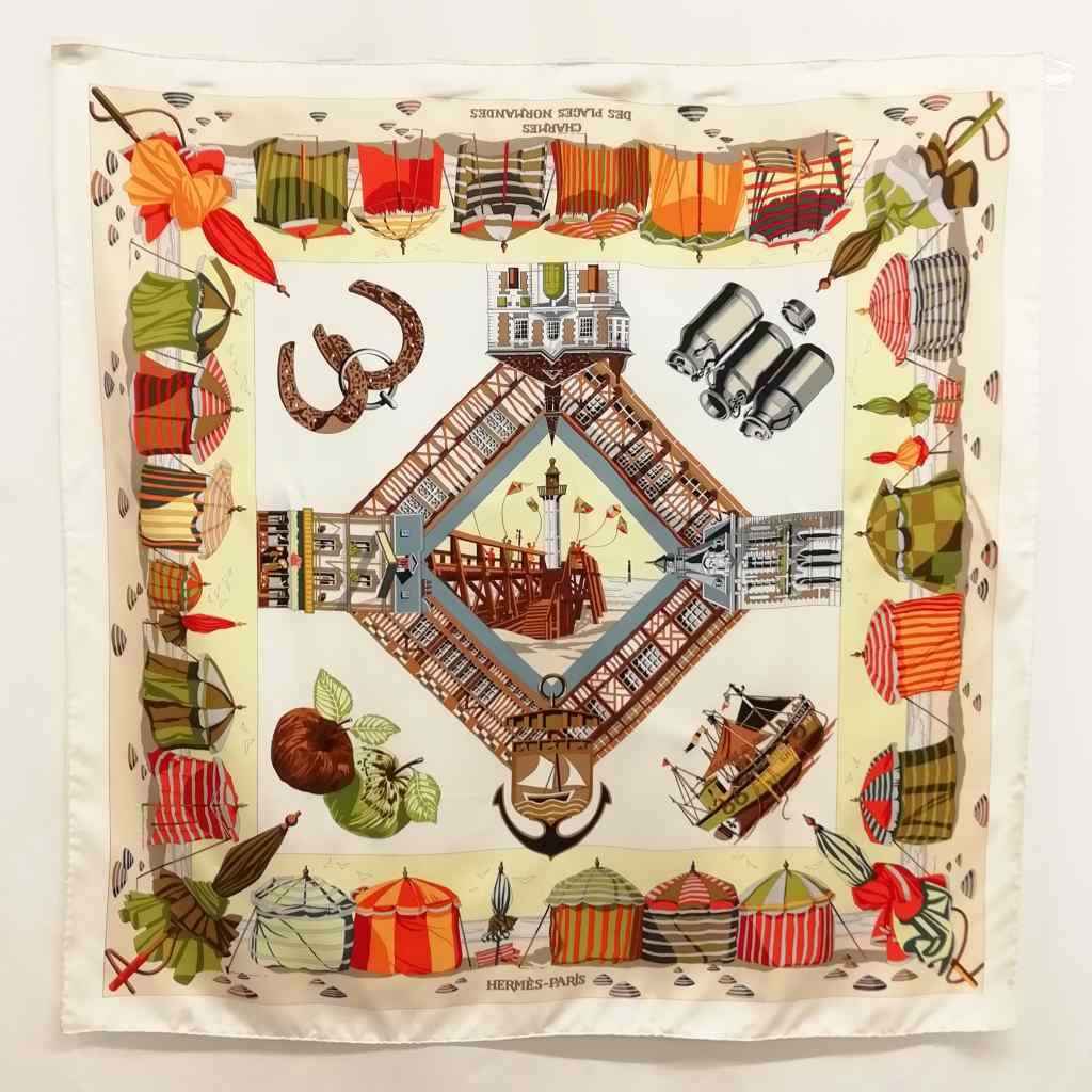 【中古】エルメス HERMES Charmes Des Plages Normandes ノルマンディ海岸地帯の愛らしさ カレ90 大判 えり巻き 白いこと系 レディース 【ベクター 古着】 260401