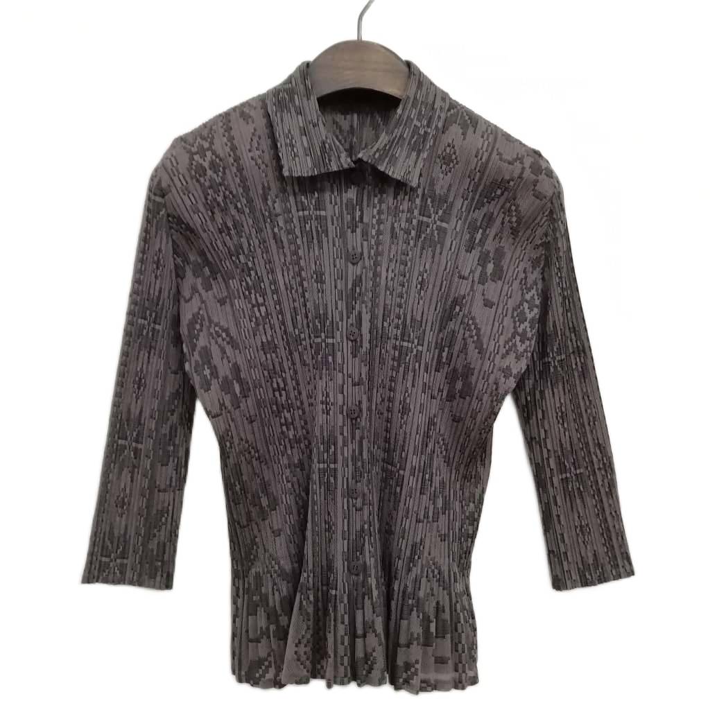 【中古】筋目プリーズ PLEATS PLEASE イッセイミヤケ PP03-JJ581 メッシュ 総柄 刷り上げる ティーシャツ トップ 3 暗灰色系 レディース 【ベクター 古着】 260608