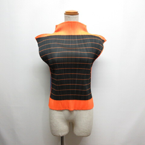 【中古】プリーツプリーズ PLEATS PLEASE ISSEY MIYAKE 美品 ハイネック ノースリーブ プリーツ カットソー オレンジ×黒×ブルー PP64-JK233 日本製 イッセイミヤケ レディース 【ベクトル 古着】 251027