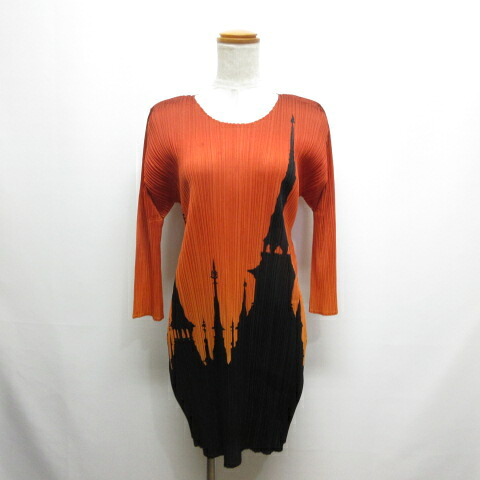 【中古】プリーツプリーズ PLEATS PLEASE ISSEY MIYAKE 長袖 プリーツ ワンピース お城 キャッスル 3 オレンジブラウン PP91-JK504 グラデーション プリント 日本製 イッセイミヤケ レディース 【ベクトル 古着】 251027
