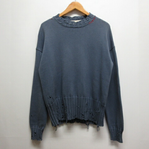 【中古】マルニ MARNI 美品 ダメージ コットン ニット セーター 42 ブルーグレー GCMG0210A0 UFC652 ロゴ刺繍 イタリア製 正規品 メンズ 【ベクトル 古着】 251030